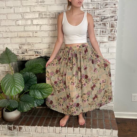 Vintage 90s Sag Harbor Floral Pleated A-line Slightly Sheer Maxi Skirt